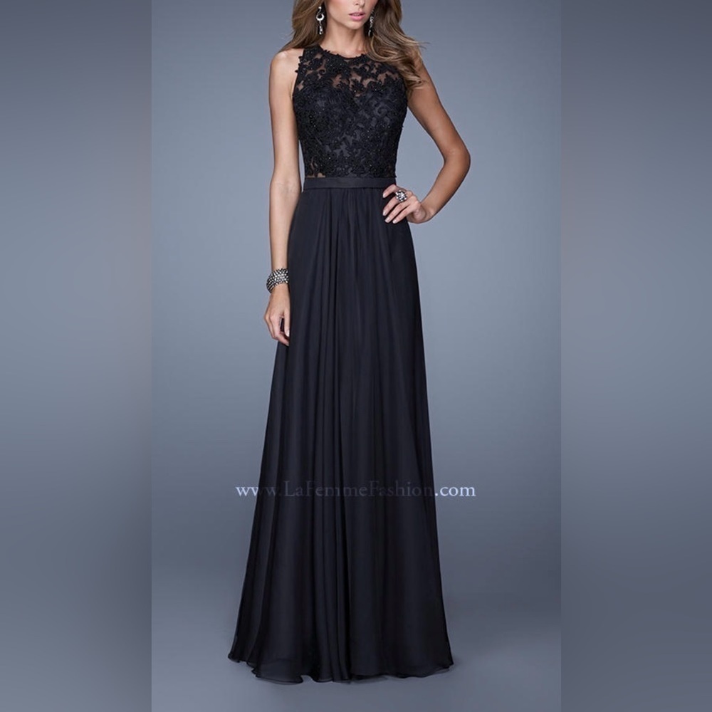 {La Femme} Black Lace Prom Gown 20638